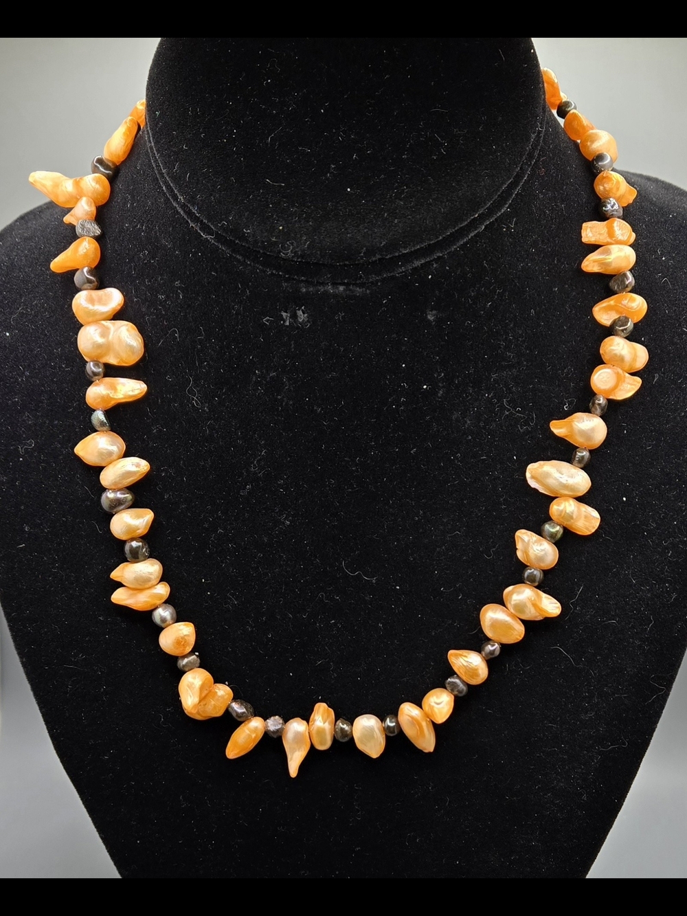Freshwater Pearl Necklace - Orange & Black Sterling Clasp Wire Strung